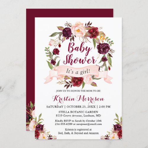 Burgundy Floral Wreath Blush Ribbon Baby Shower Invitation