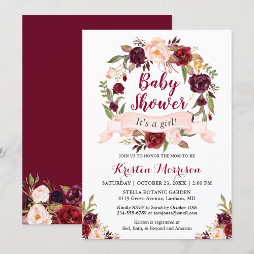 Burgundy Floral Wreath Blush Ribbon Baby Shower Invitation