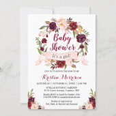 Burgundy Floral Wreath Blush Ribbon Baby Shower Invitation (Front)