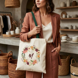 Burgundy Floral Wreath Bridesmaid Initial  Tote Bag