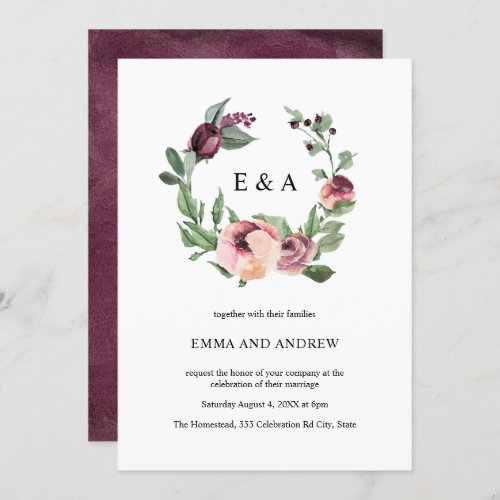 Burgundy Floral Wreath Elegant Watercolor Wedding Invitation