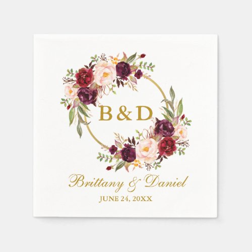Burgundy Floral Wreath Gold Monogram Wedding Napkins