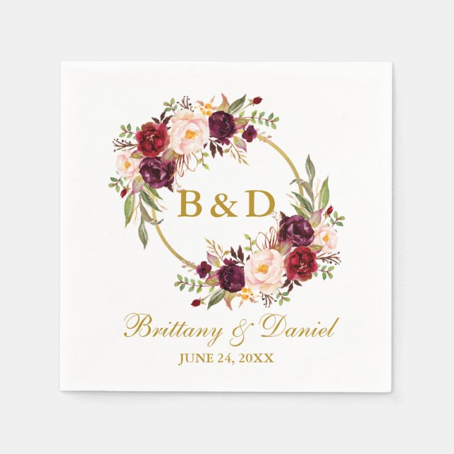 Burgundy Floral Wreath Gold Monogram Wedding Napkins (Front)