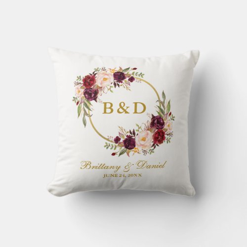 Burgundy Floral Wreath Gold Monogram Wedding Throw Pillow