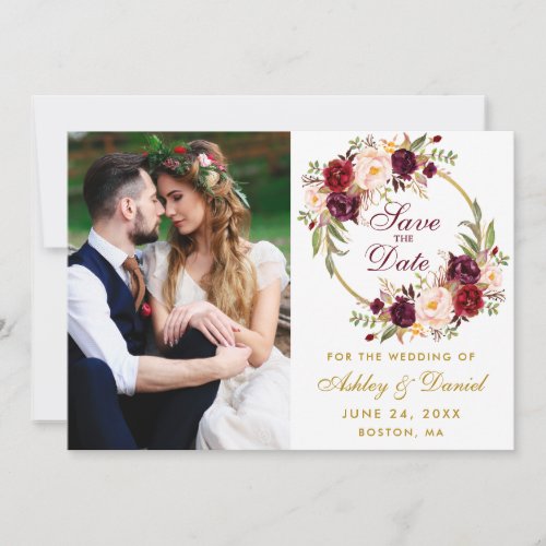 Burgundy Floral Wreath Gold Photo Save The Date