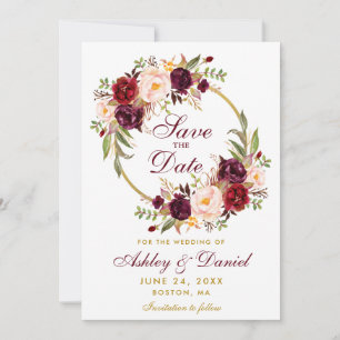 Burgundy Floral Wreath Gold Save The Date GB