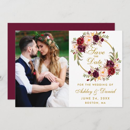 Burgundy Floral Wreath Gold Save The Date Photo