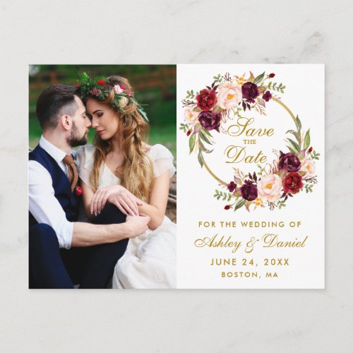 Burgundy Floral Wreath Gold Save The Date Photo Postcard