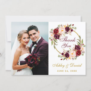 Burgundy Floral Wreath Gold Wedding Photo Thanks Thank You Card
