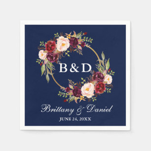 Burgundy Floral Wreath Monogram Blue Wedding Napkins