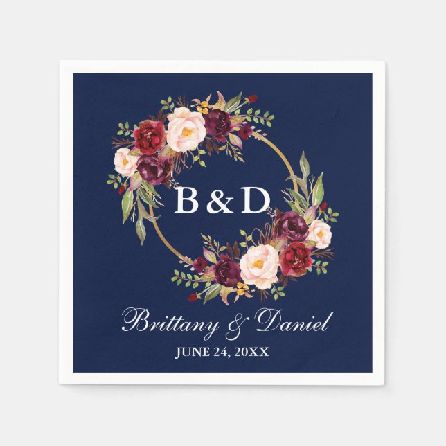 Burgundy Floral Wreath Monogram Blue Wedding Napkins (Front)