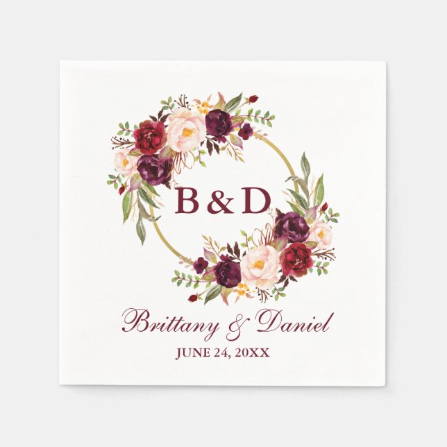 Burgundy Floral Wreath Monogram Wedding Napkins (Front)