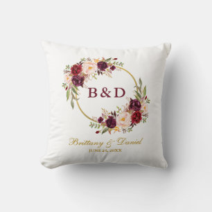 Burgundy Floral Wreath Monogram Wedding Throw Pillow