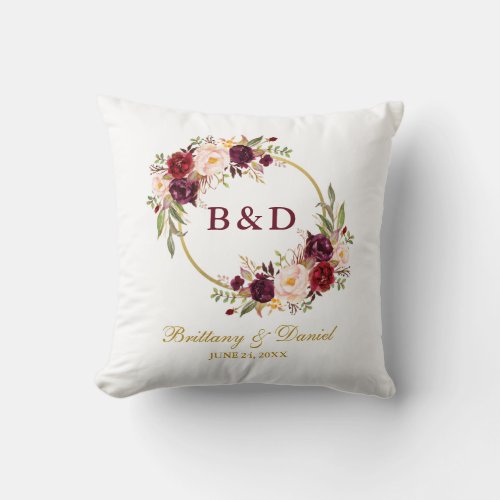 Burgundy Floral Wreath Monogram Wedding Throw Pillow