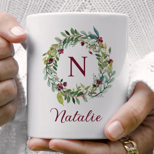 Burgundy Floral Wreath Name and Initial Coffee Mug