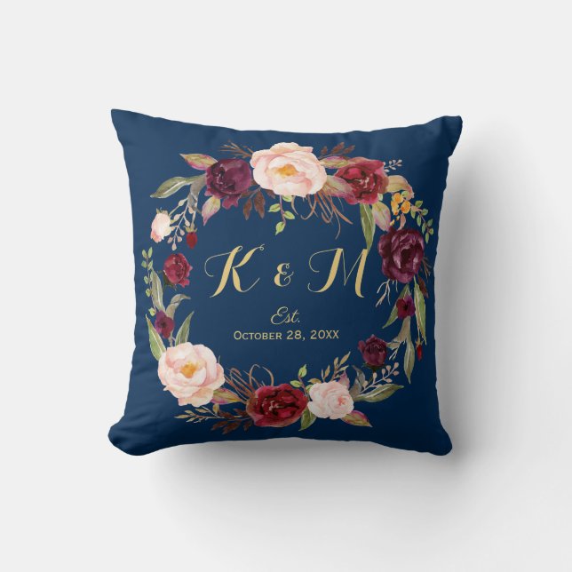 Burgundy Floral Wreath Navy Blue Wedding Monogram Throw Pillow (Front)