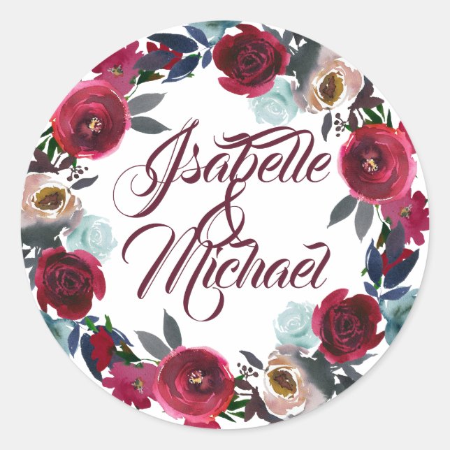 Burgundy Floral Wreath Personalized Wedding Classic Round Sticker (Front)
