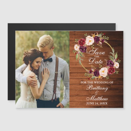 Burgundy Floral Wreath Rustic Wood Save The Date Magnetic Invitation