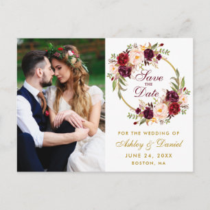 Burgundy Floral Wreath Save The Date Photo Postcard