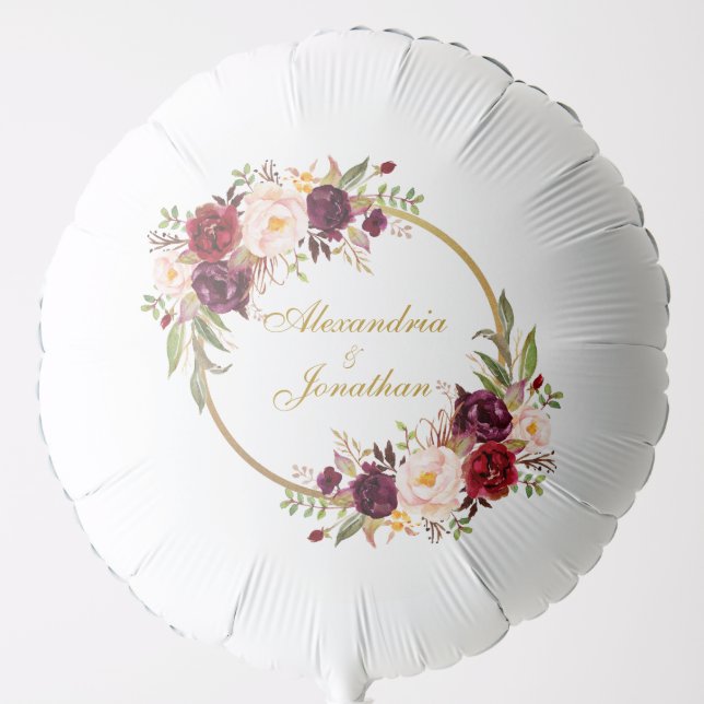Burgundy Floral Wreath Wedding Gold Names Balloon (Front)
