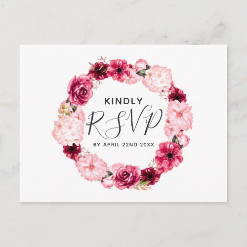 Burgundy Floral Wreath Wedding Meal Choice RSVP Invitation Postcard