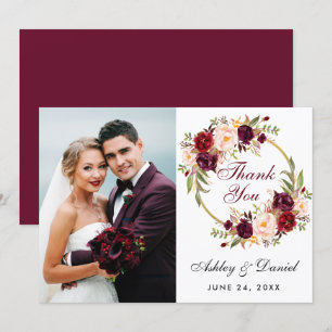 Burgundy Floral Wreath Wedding Photo Thanks Card