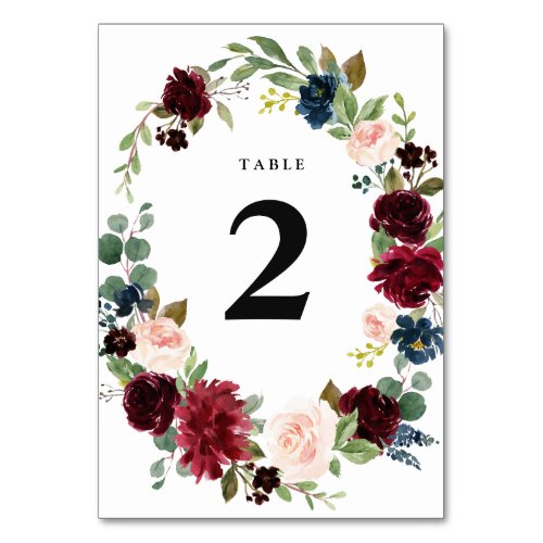 Burgundy floral wreath wedding Table number