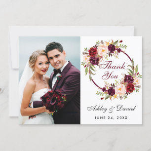 Burgundy Floral Wreath Wedding Thank You Card