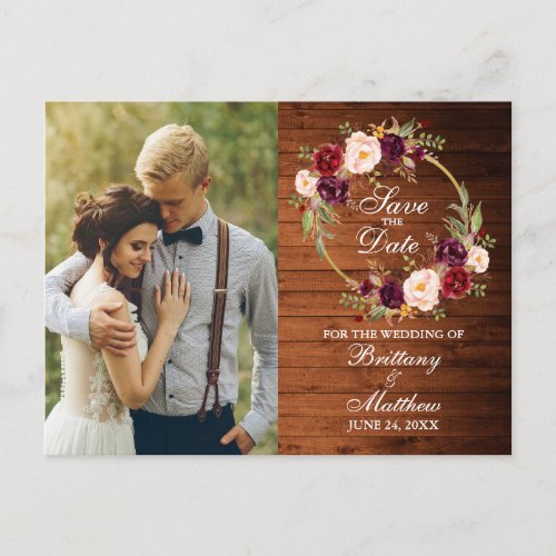 Burgundy Floral Wreath Wood Save The Date Postcard