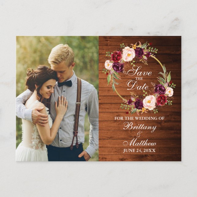 Burgundy Floral Wreath Wood Save The Date Postcard (Front)