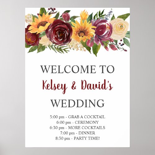 Burgundy Floral Yellow Sunflowers Wedding Welcome Poster