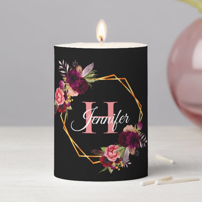 Burgundy florals black gold geometric monogram pillar candle (In Situ)