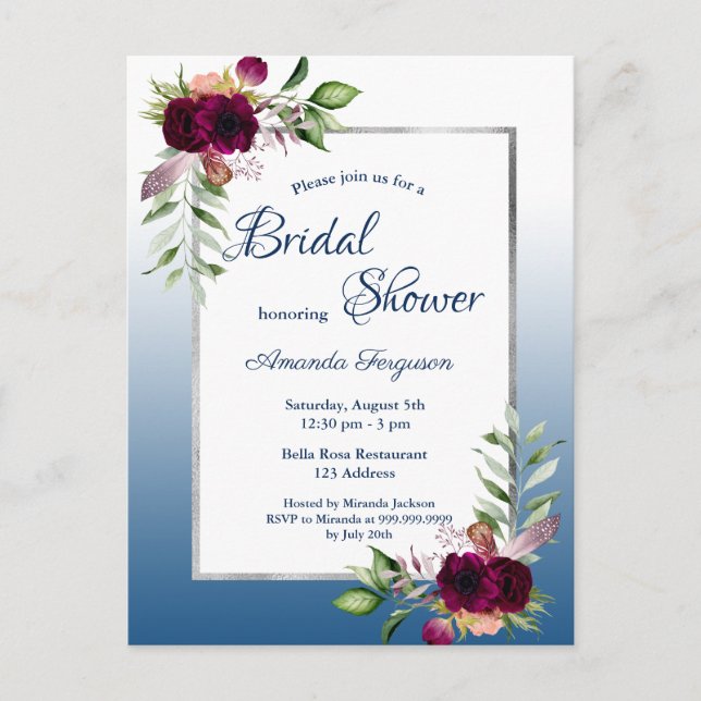 Burgundy florals blue bridal shower invitation postcard (Front)