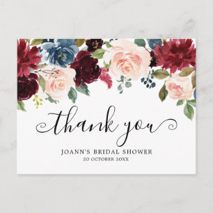 Burgundy Florals Botanical Bridal Shower Thank you Postcard