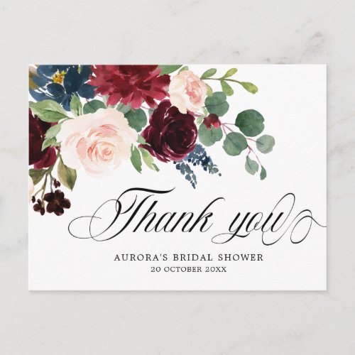 Burgundy Florals Botanical Bridal Shower Thank you Postcard