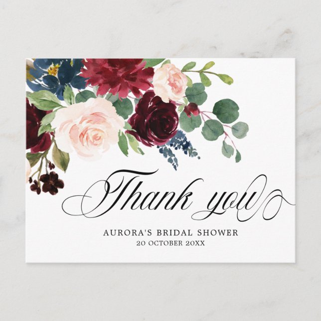 Burgundy Florals Botanical Bridal Shower Thank you Postcard (Front)