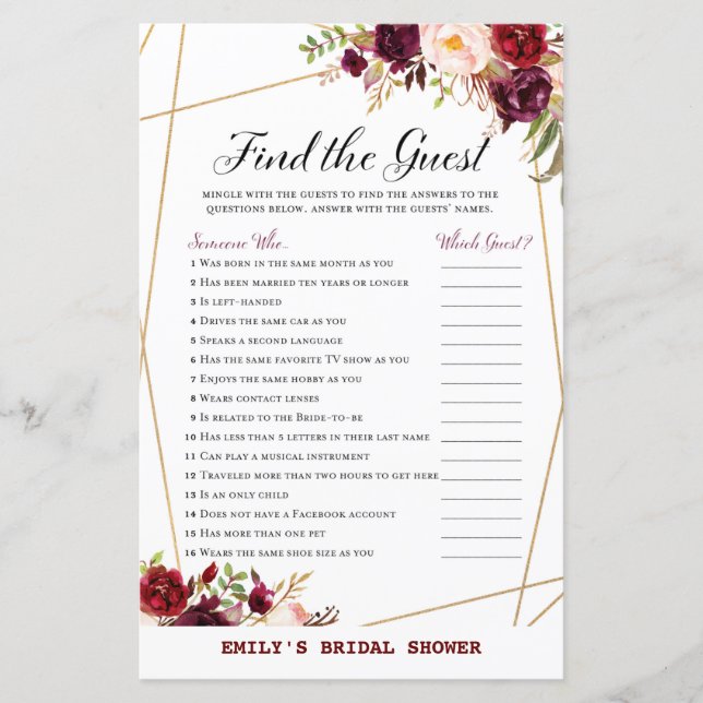 Burgundy Florals Bridal Shower Game PRINTED (Front)