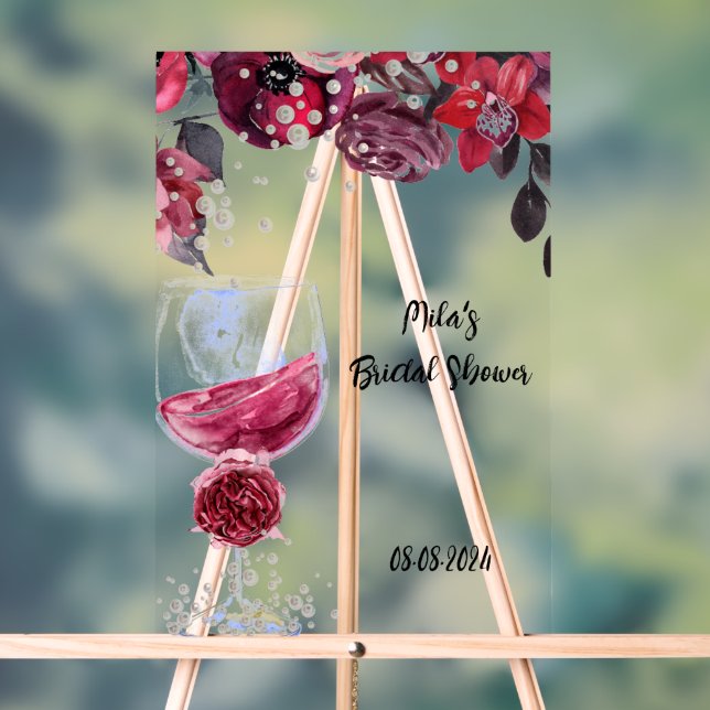 Burgundy florals bridal shower invitation  acrylic sign (Neutral)