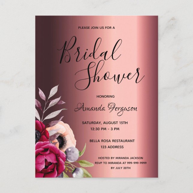 Burgundy florals bridal shower invitation postcard (Front)