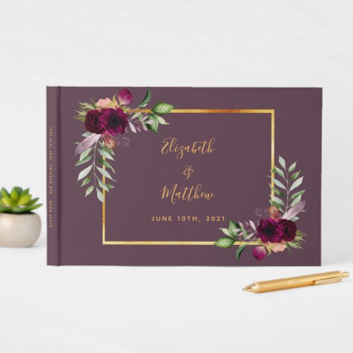 Burgundy florals cassis purple wedding guest book