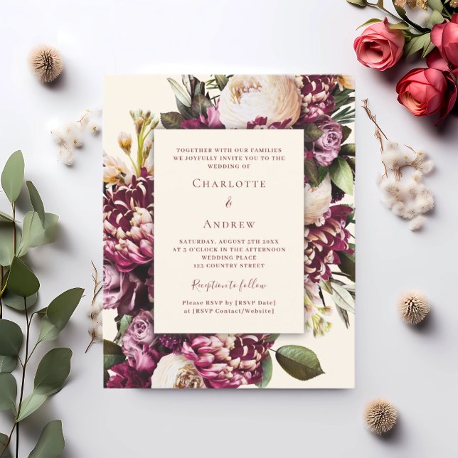 Burgundy florals cream purple wedding invitation (Creator Uploaded)