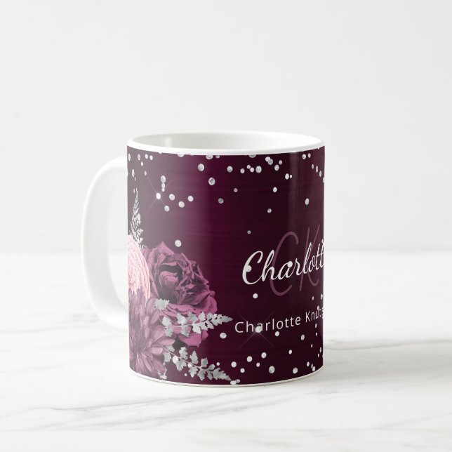 Burgundy florals elegant monogram name coffee mug (Front Left)