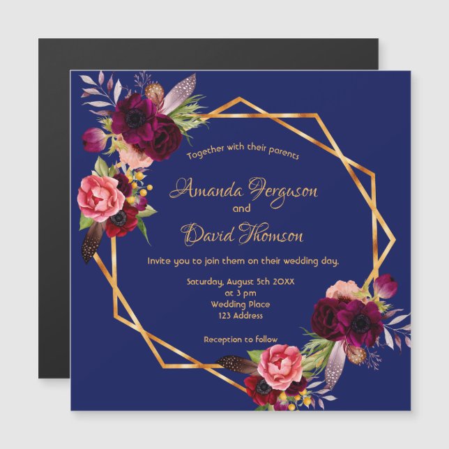 Burgundy florals geometric blue wedding invitation (Front/Back)
