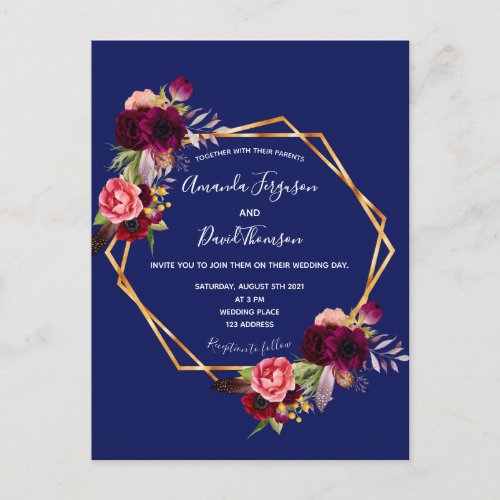 Burgundy florals geometric blue wedding invitation postcard