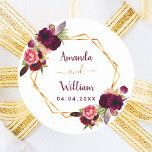 Burgundy florals geometric wedding boho classic round sticker<br><div class="desc">A faux gold colored geometric shaped frame with bohemian,  boho style watercolored roses,  flowers in burgundy and pink.   Personalize and add your names,  date of the wedding.</div>
