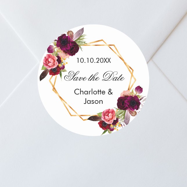Burgundy florals geometric wedding Save the Date Classic Round Sticker (Creator Uploaded)