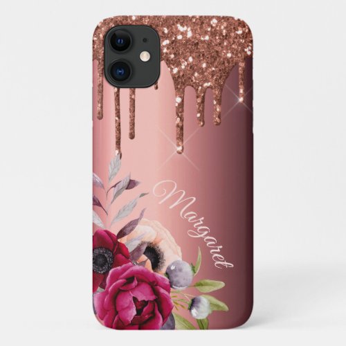 Burgundy florals glitter drips monogram iPhone 11 case