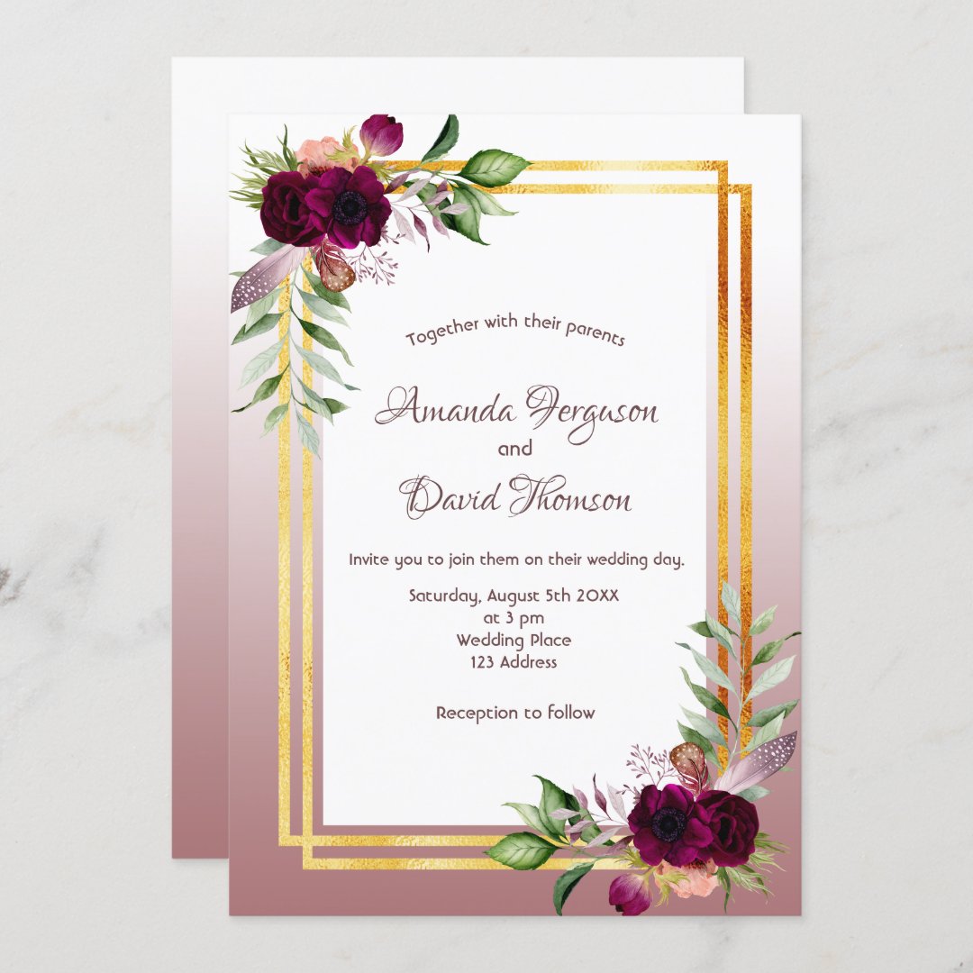 Burgundy florals gold cinnamon rose wedding invitation | Zazzle