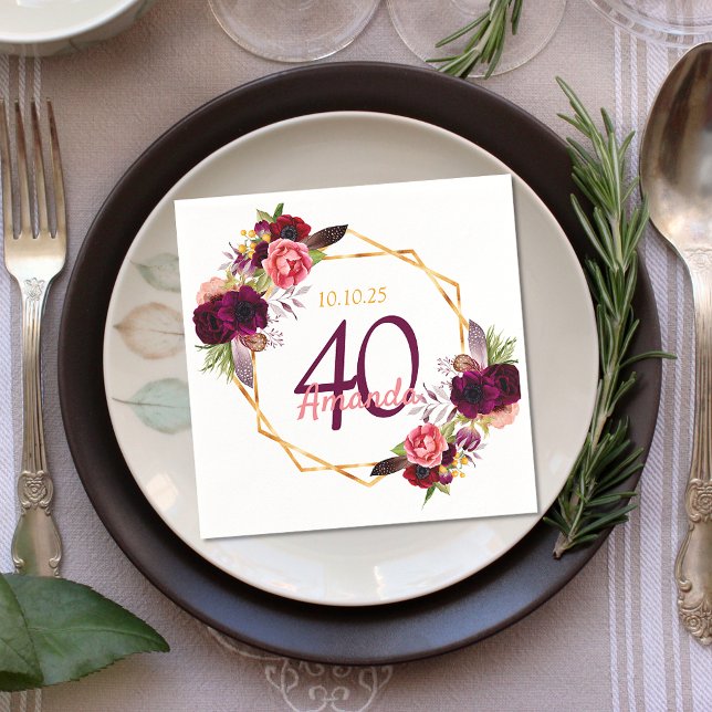 Burgundy florals gold geometric birthday napkins (Creator Uploaded)