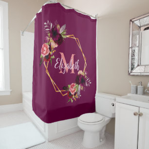 Burgundy florals gold geometric monogram name shower curtain